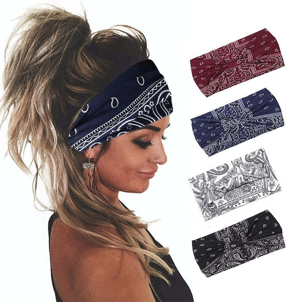 Yean Boho Wide Headbands, Black Stretch Hair Bands, Elastic Turbans for Women and Girls (Pack of 4)