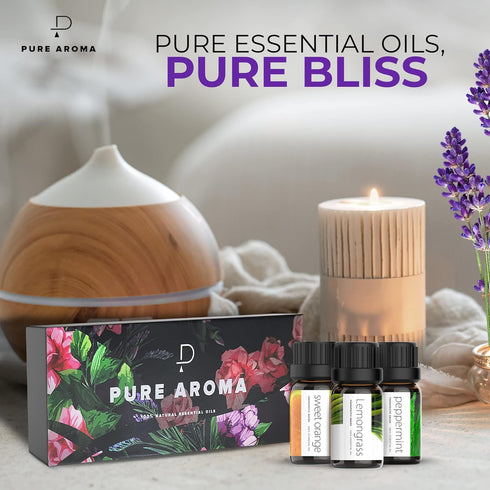 Pure Aroma Essential Oils Set, Top 6 Aromatherapy Oils Gift Set, 10ml (6 Pack)