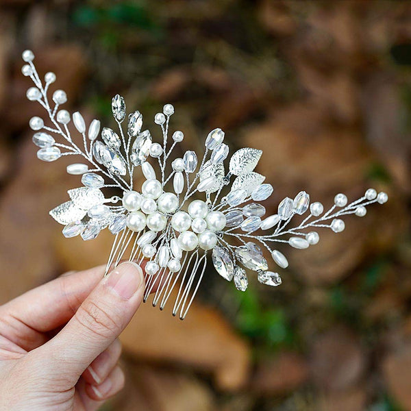 Yean Bride Leaf Bridal Hair Comb, Pearl Wedding Hair Piece, Rhinestone Hair Accessories for Women and Girls (Silver)