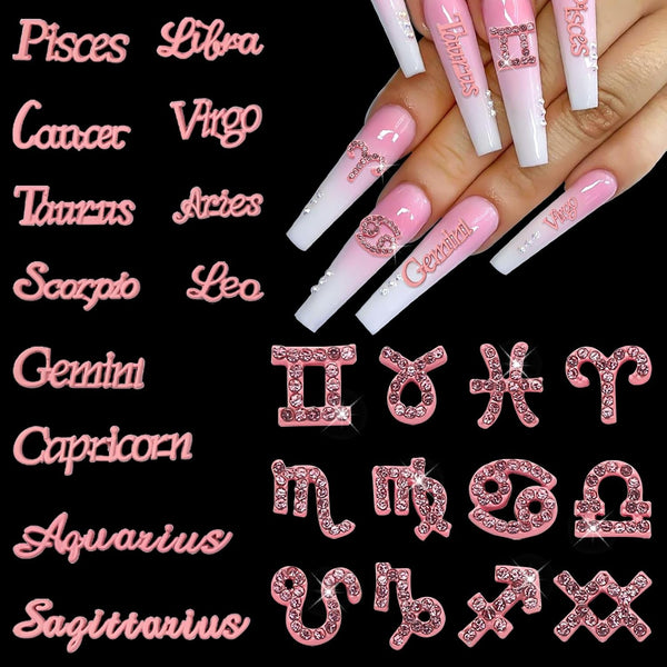 JERCLITY 24 Pieces Pink Alloy Zodiac Nail Charms, 12pcs Zodiac Signs and 12pcs Constellation Words Nail Charms for