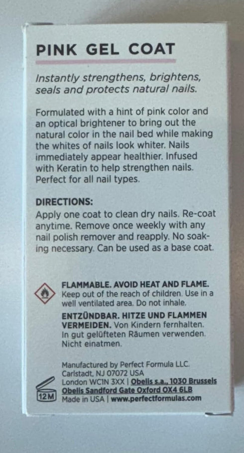 Perfect Formula Pink Gel Coat, Nail Strengthener and Hardener for Women, Keratin Treatment for Damaged Nails