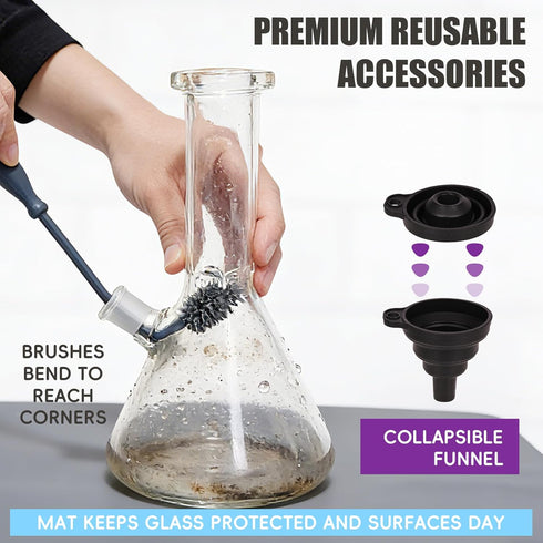 Sjxsimwoo Glass Cleaning Kit, Reusable Silicone Kit, Includes Soaking Bag, Brush, Pad, Lid, Stopper, Funnel