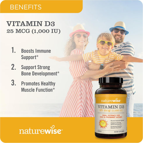 NatureWise Vitamin D3 1000iu (25 mcg) 30 Count for Healthy Muscle Function, Bone Health, Immune Support, Non-GMO,