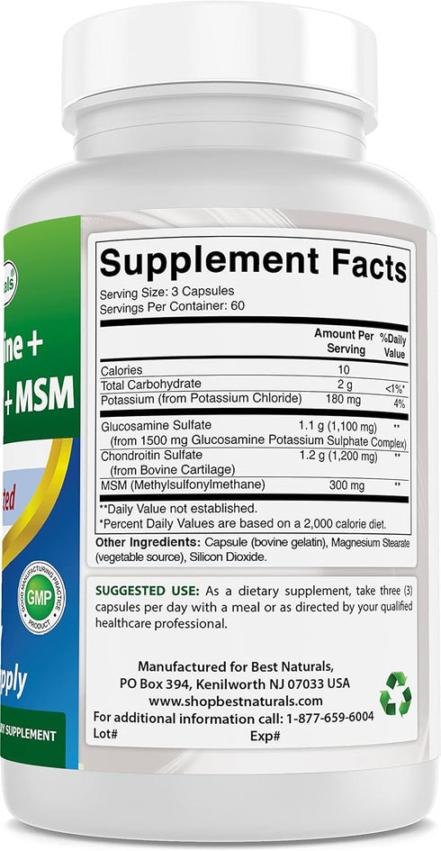 Best Naturals Glucosamine Chondroitin and MSM Non-GMO - Promotes Joint Health - 180 Count