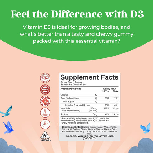 Chewable Vitamin D Gummies for Kids - 1000 IU Per Serving, Delicious Gummy Vitamins for Immune Support, Gelatin Free
