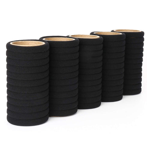 Qarwayoc 50PCS Black Hair Ties, Cotton Seamless Elastic Ponytail Holders, 2 Inch Diameter, No Damage for Thick Hair