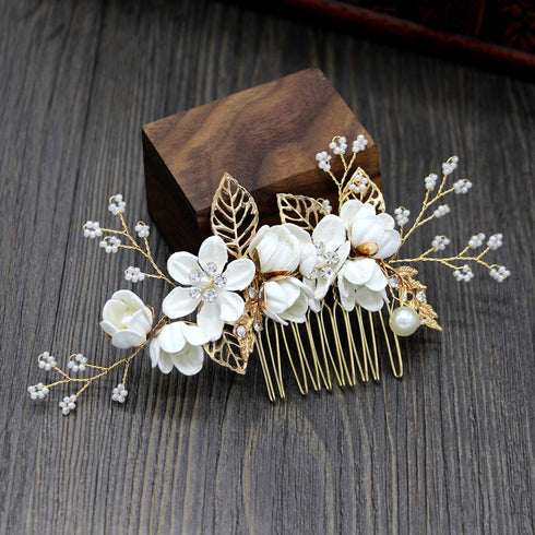 NUOBESTY 4Pcs Wedding Hair Clip Comb, Handmade Bridal Hair Clip, Pearl Floral Leaf Accessories for Women Wedding (White)