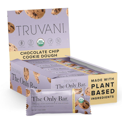 Truvani Plant Based Snack Bar - Chocolate Chip Cookie Dough 12 Pack, 5g Protein, USDA Organic and Vegan, Dairy, Soy,