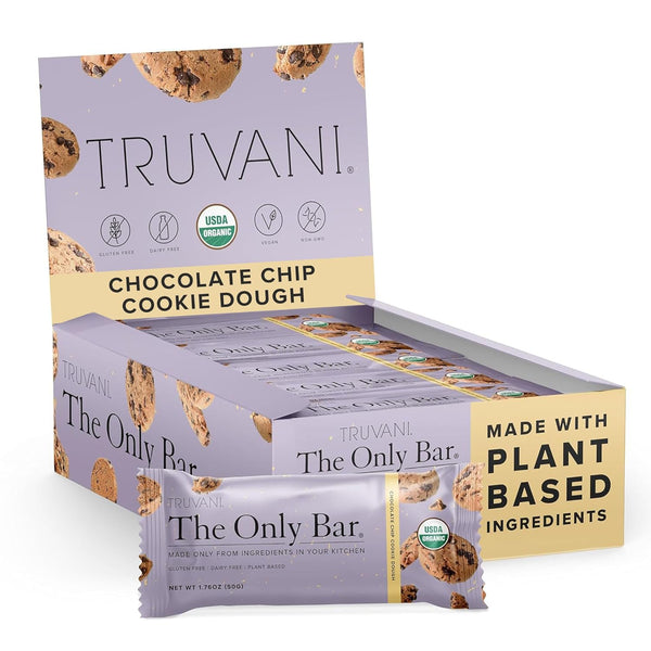 Truvani Plant Based Snack Bar - Chocolate Chip Cookie Dough 12 Pack, 5g Protein, USDA Organic and Vegan, Dairy, Soy,