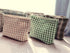 Khaki Gingham Cotton Makeup Bag: Cosmetic Travel Pouch with Zipper Closure and Bottom Organizer