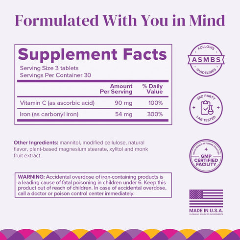 Barimelts Iron with Vitamin C, 90 Sugar-Free Fast-Dissolving Tablets (1-Month Supply) for Women, Natural Orange Flavor