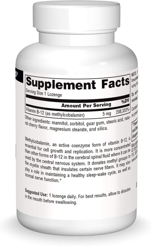 Methylcobalamin Vitamin B-12 5mg, Source Naturals, Cherry Flavored, 30 Lozenges