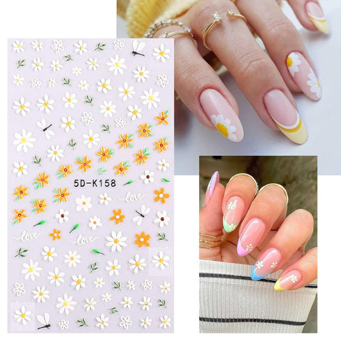 5 Sheets 3D Embossed Flower Nail Art Stickers Decals 5D Self-Adhesive Colorful Daisy Blossom Nail Supplies