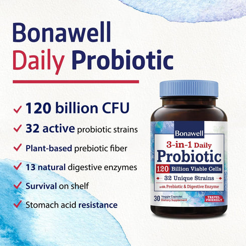 Bonawell Probiotics 120 Billion CFU, 32 Strains with Prebiotics, Digestive Enzymes for Gut Health, 30 Veggie Caps