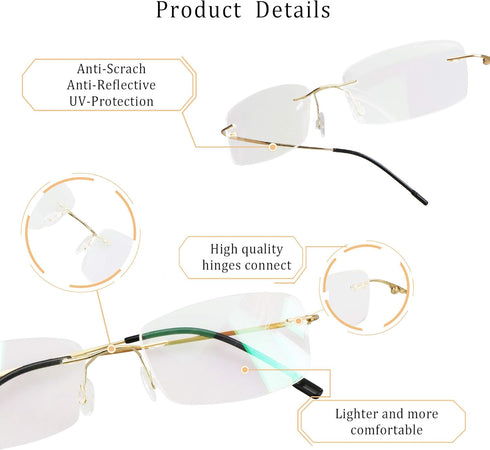 LifeArt Blue Light Blocking Glasses, Rimless Frame Tinted Lens, Stylish for Men and Women (Golden, No Magnification)