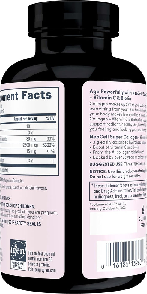 NeoCell Super Collagen with Vitamin C and Biotin, 180 Count, Skin, Hair and Nails Supplement