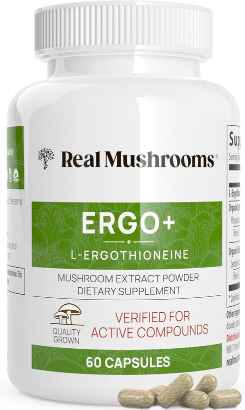Real Mushrooms L-Ergothioneine, Golden Oyster Mushroom Extract (60ct) - Immune Support & Brain Supplement