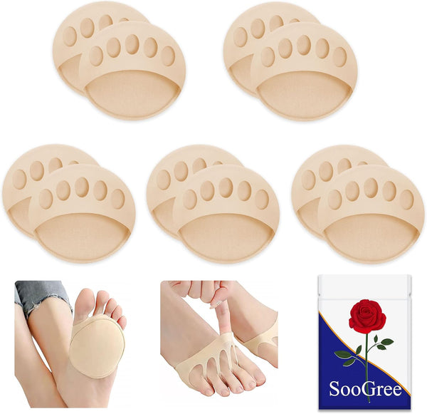 5 Pairs of Thicken Forefoot Cushion Pads, Reusable Honeycomb Fabric for Pain Relief, Invisible Socks for Men & Women