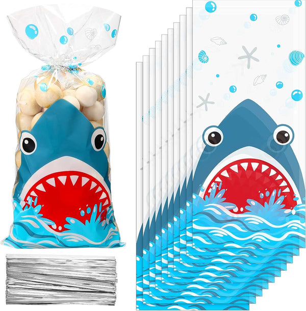 100 Pieces Shark Party Bags - 12.5 x 27.5 cm Plastic Candy Bags with 100 Silver Twist Ties for Summer Ocean Party