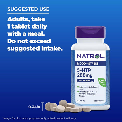 Natrol Mood + Stress 5-HTP 200mg Time Release Tablets, 30 Count, 30 Day Supply