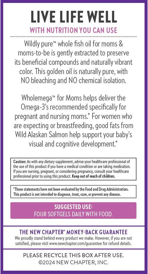 New Chapter Wholemega for Moms Fish Oil Supplement - Prenatal DHA with Omega-3 + Vitamin D3, 180 ct, 500mg Softgels