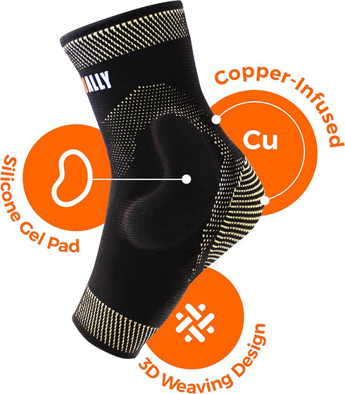 NeoAlly Copper Ankle Brace with Gel Pads, Medium Compression Sleeves for Plantar Fasciitis, 1 Pair