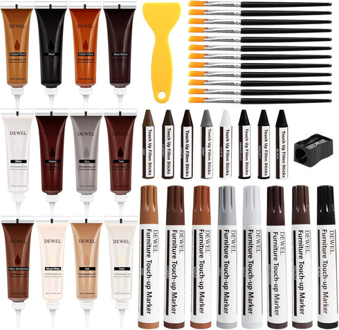 DEWEL Wood Furniture Repair Kit, Upgrade Touch Up Markers with Wax Sticks, 42 Pcs Floor Touch Up Kit for Scratches,