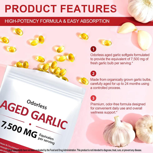 Immune 2-Year 300 Aged Garlic Extract Capsules, Odorless Organic Garlic Softgels, Heart & Support Supplement, Matured