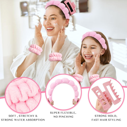 Wecoe Spa Headband Set - Skincare Headband, Hair Clips, Pink Puffy Makeup Headband, Scrunchies, Wrist Towels