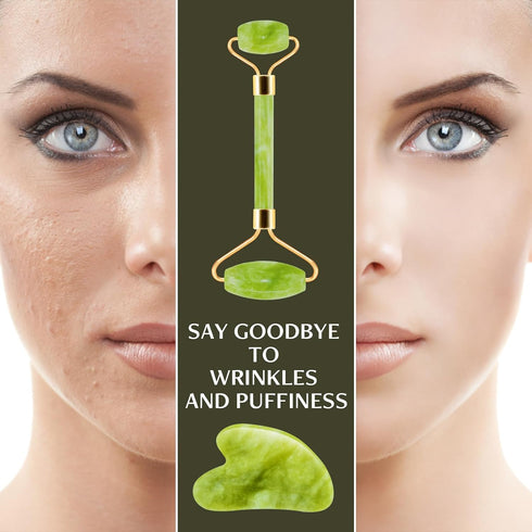 Jade Roller & Gua Sha Facial Tools, Natural Anti-Aging Skin-Care Tool for Rejuvenating Facial Skin