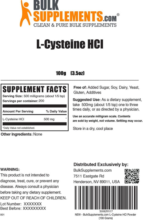 BulkSupplements.com L-Cysteine HCl Powder - Amino Acids Supplement, Antioxidants Source - 500mg of L-Cysteine HCl Anhydrous per Serving, 200 Servings (100 Grams - 3.5 oz)