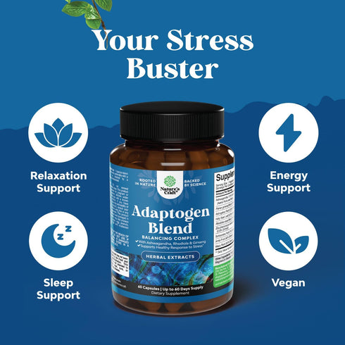 Herbal Adaptogen Mood Support Supplement with Ashwagandha, Rhodiola Rosea, Maca Root, 60ct