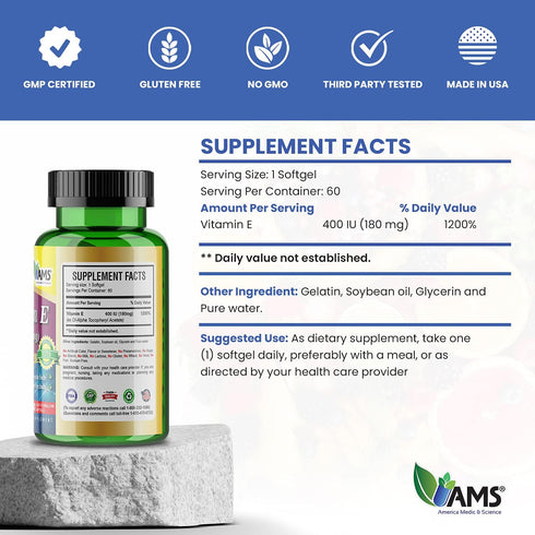 America Medic & Science Vitamin E 400 IU, 60 Softgels Dietary Supplement for Heart Health & Immune System Support
