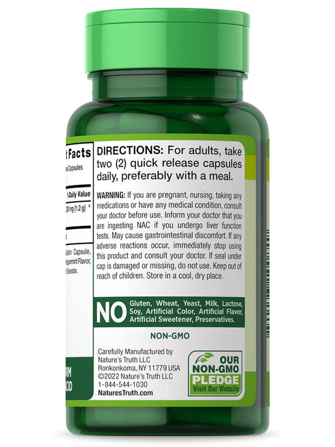 Nature's Truth N Acetyl Cysteine NAC - 1200mg, 60 Capsules Non-GMO and Gluten Free Supplement