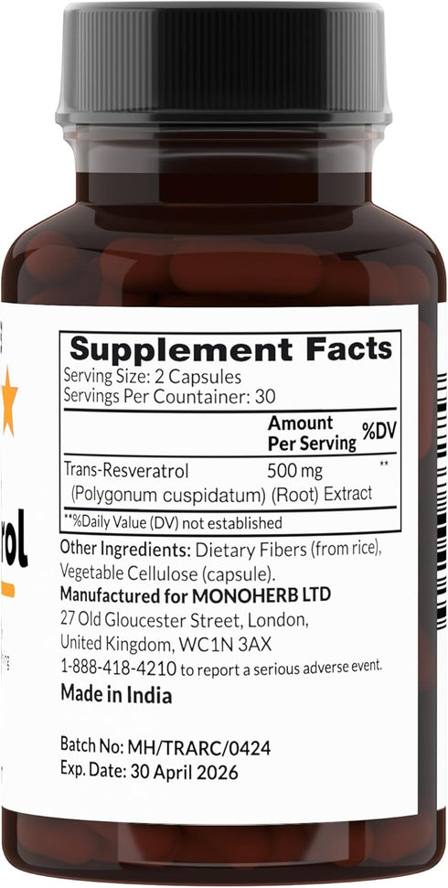 Trans Resveratrol 500 mg - 60 Veg Capsules | 250 mg per Capsule - Serving size 2 capsules: 500 mg - 30 Servings