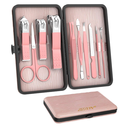 ZIZZON Mini Travel Manicure Set, 10 in 1 Stainless Steel Nail Clipper Grooming Kit with Case, Pink