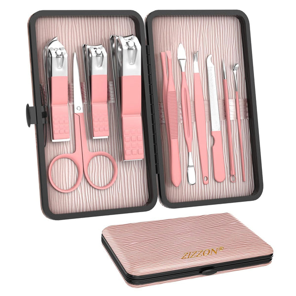ZIZZON Mini Travel Manicure Set, 10 in 1 Stainless Steel Nail Clipper Grooming Kit with Case, Pink