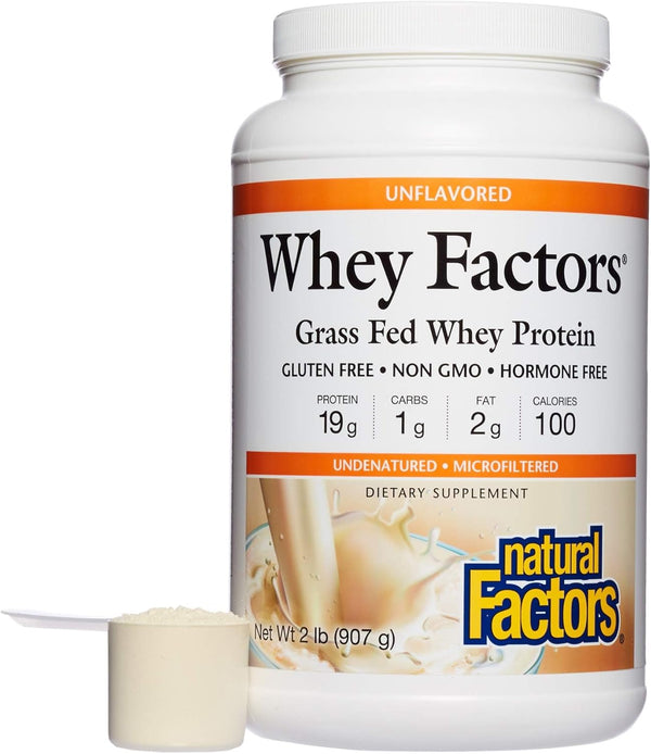 Whey Factors by Natural Factors, Grass Fed Whey Protein Concentrate, Unflavored, 2 lb, Aids Muscle Development