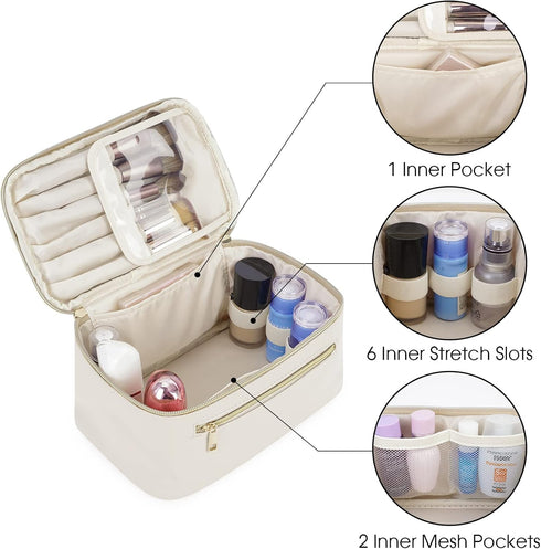 Wandering Nature Makeup Bag, Travel Makeup Organizer in Eco Vegan Leather, Milky White (Patent Pending)