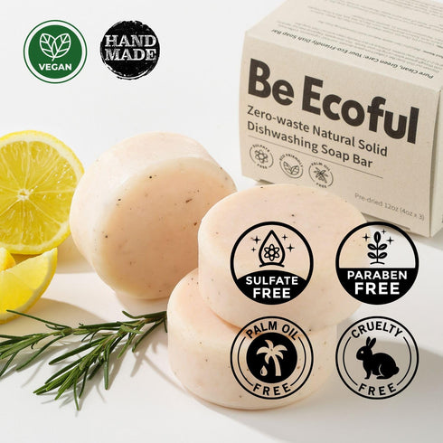 BeEcoful Zero Waste Natural Dish Soap Bar, Pack of 3 - Vegan, Eco-friendly, Sustainable Organic Ingredients