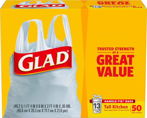 Glad Trash Bags, 13 Gallon White Handle-Tie Garbage Bags, 50 Count (Package May Vary)