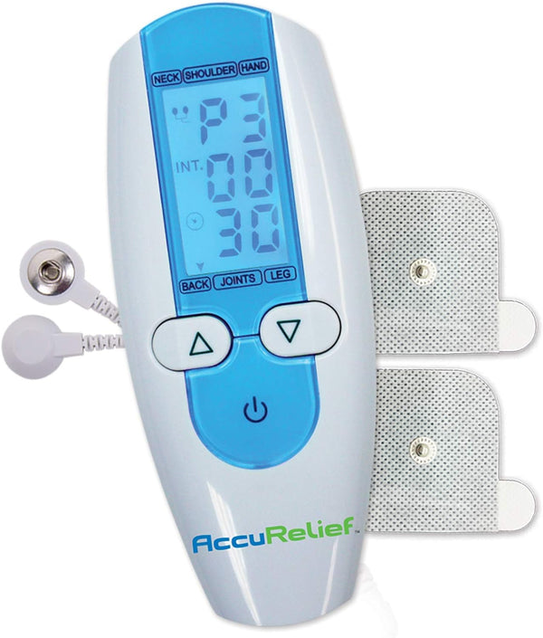 AccuRelief TENS Unit Muscle Stimulator, Pain Relief System, Electric Muscle Stimulator with Electrodes, White and Blue