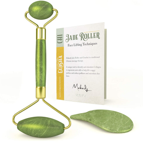Natural Jade Roller and Gua Sha Lymphatic Drainage Tool for Face and Body, Anti Aging Treatment