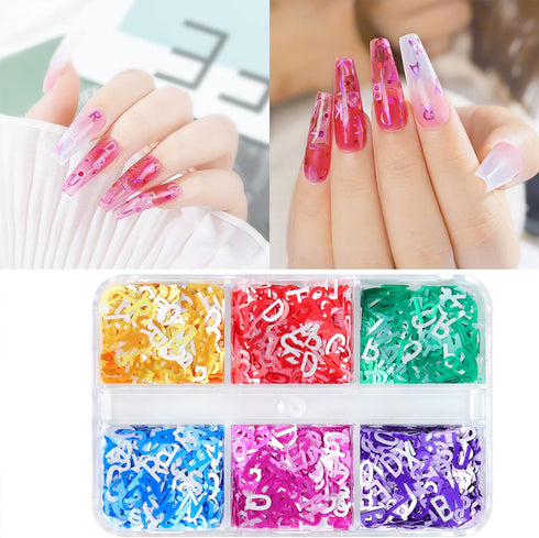6 Colors Letter Nail Art Glitter Sequins, 3D Holographic English Letter Flake Designs for Acrylic Nails Women DIY