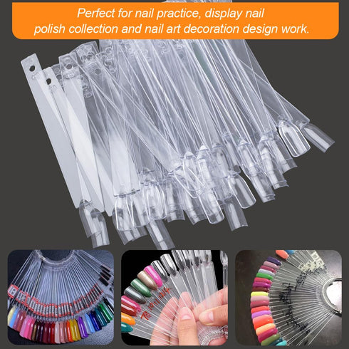 JASSINS 100 Pcs Clear Fan-shaped False Nail Swatch Sticks for Nail Polish Practice Display Art Tips with Metal Split