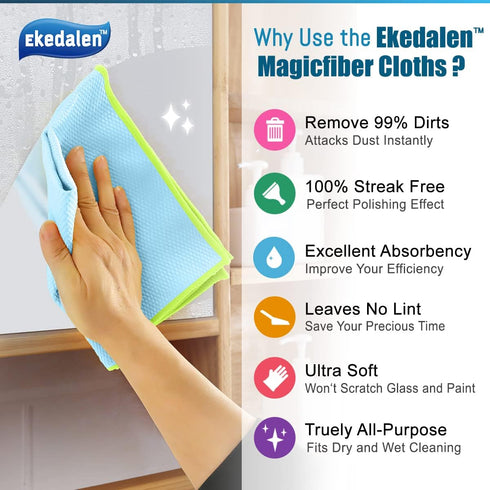 Streak Free Miracle Cleaning Cloth, 12'' x 16'', Pack of 8, Microfiber Window, Mirror, Glass, Lint Free