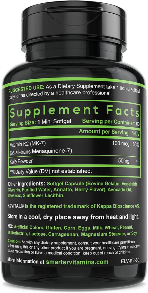 Smarter Vitamin K2 MK7 100mcg (3 Pack) Made with K2VITAL and Kale for Bone Health & Cardiovascular Support, 180 Liquid