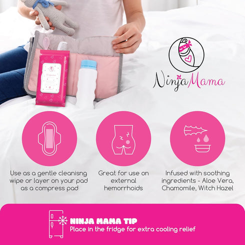 Ninja Mama Postpartum Perineal Care Cooling Pad Liners. Soothing Witch Hazel with Aloe and Chamomile for Post Partum Relief After Birth Tears and Haemorrhoids. Postpartum Essentials Pack of 45