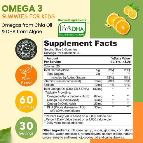 Gelatin Free Kids Omega 3 Gummies w/DHA 30 Servings. Plant-Based Omega 3 for Kids. Gluten Free & Non-GMO DHA Gummies. Children Omega 3 Gummies for Kids. Omega 3 Kids to Support Brain & Immune System