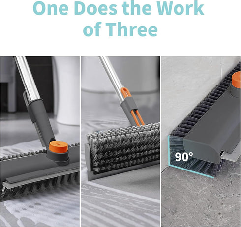 Floor Scrub Brush with Long Handle, Household Cleaning Brush with Right Angled Bristle & Scraper, 360° Swivel Heads